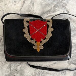 Vintage Carlos Falchi Black Suede/Leather Crossbody Bag with Red Shield Accent.